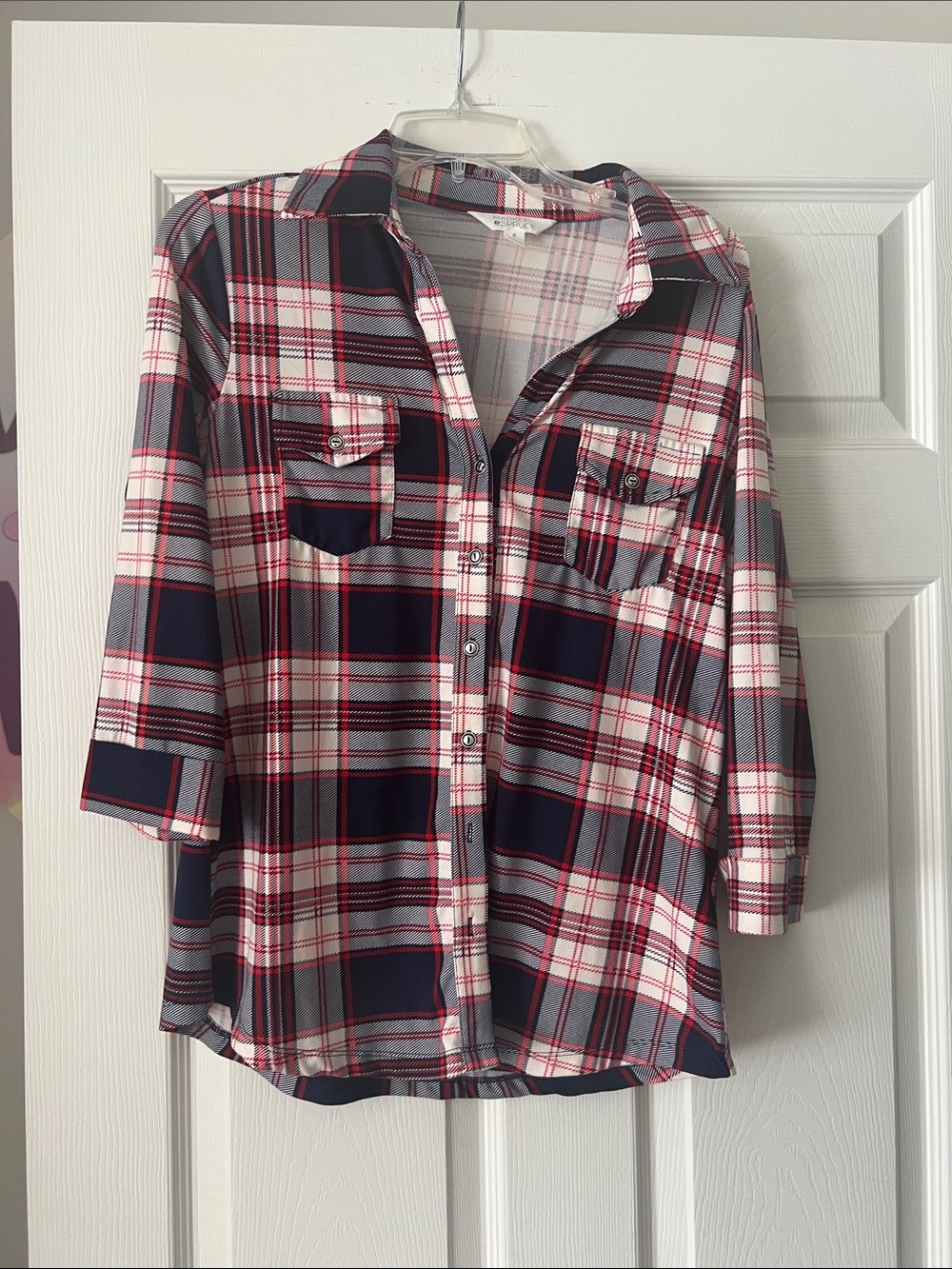 Market & Spruce Navy, White & Red Plaid Button-Down Shirt medium soft